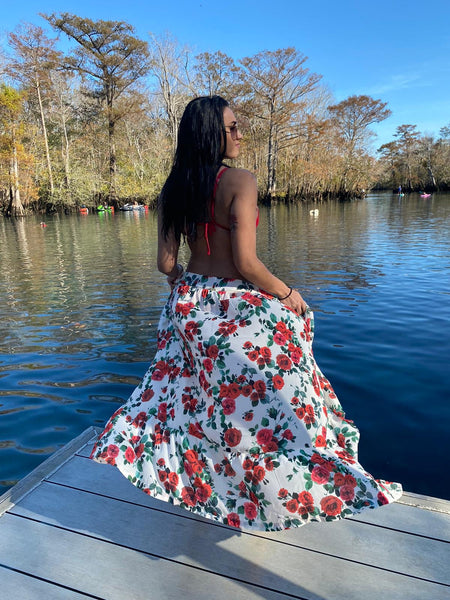 Maxi Wrap Beach Skirt Cover-Up Ruffle Red Flowers