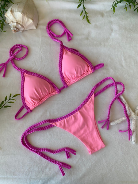 Triangle Bikini Top Handmade Braided Straps & Side Tie Bottom