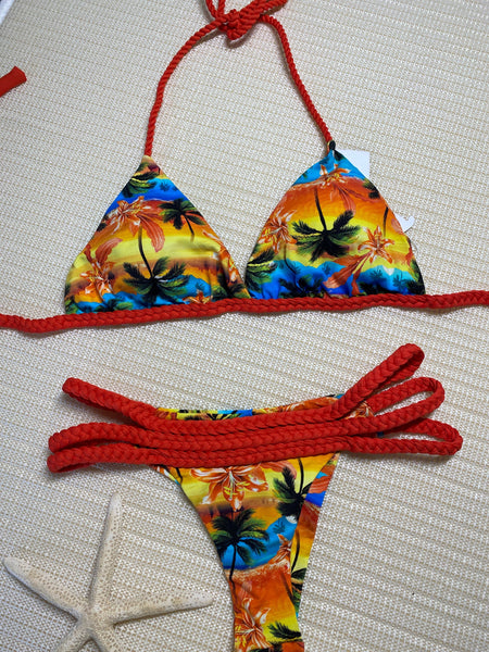 Triangle Bikini Top Handmade Braided Straps & Low Rise Bikini Bottom Set