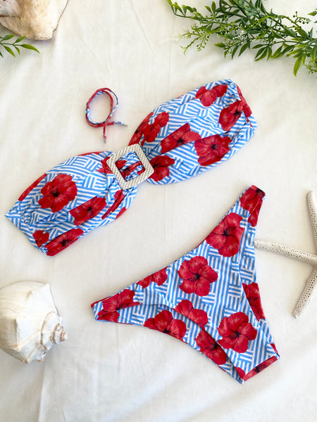 Bandeau Bikini Top & Low Rise Bikini Bottom Hibiscus Flowers