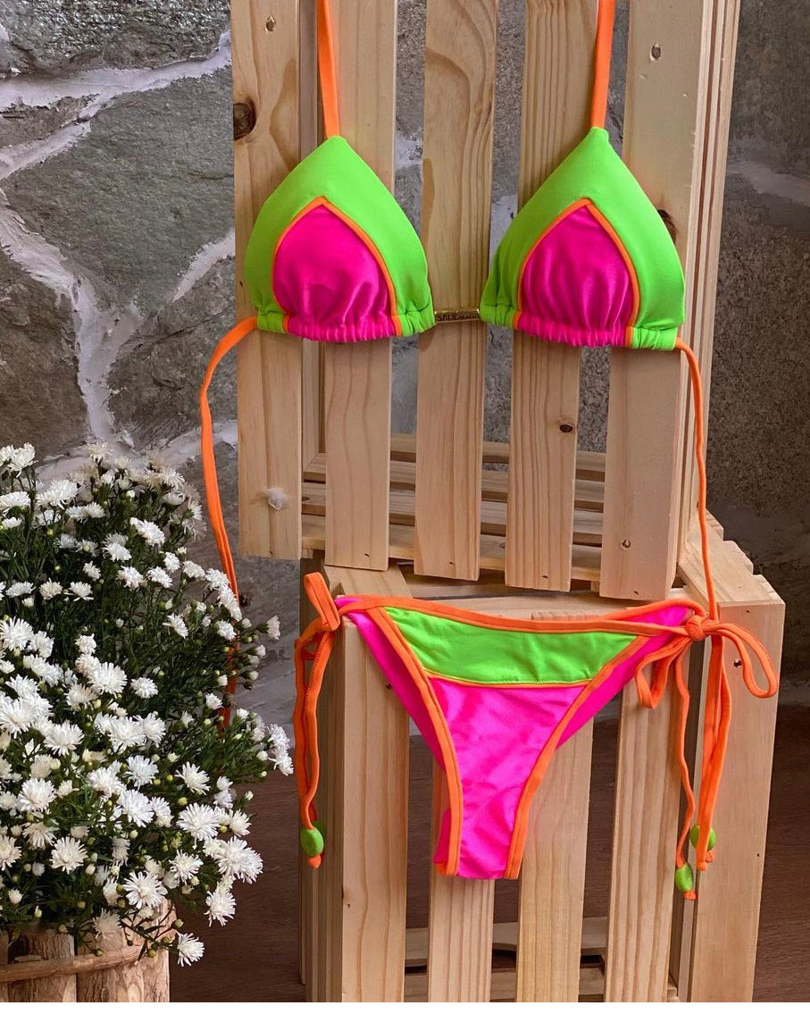 Neon Triangle Bikini Top & Tie Side Bottom Bikini Set