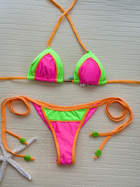 Neon Triangle Bikini Top & Tie Side Bottom Bikini Set